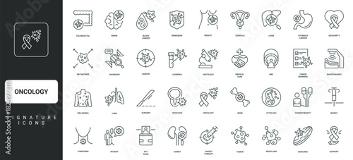 Biopsy and radiotherapy, metastasis, patients remission thin black and red outline symbols vector illustration Oncology diagnosis, cancer and tumor treatment, chemotherapy, surgery line icon set.