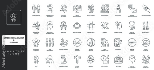 Group therapy and yoga balance, healthy exercises and sleep, journaling relieve stress thin black and red outline symbols vector illustration Stress management and support of mentor line icon set.