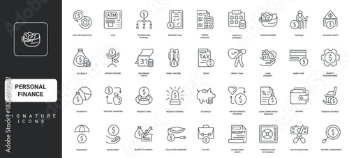 Family income and savings, debt, accounting thin black and red outline symbols vector illustration Personal finance plan, monthly payment and expenses control, budget analysis, tax line icon set.