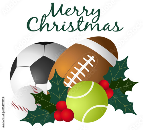 Christmas soccer, football, tennis illustration featuring ball, holly, pine branches, bows, bells, and Merry Christmas lettering. Perfect for cards, labels, banners, and holiday sports designs