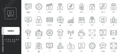 Music clip production and film reel, player buttons thin black and red outline symbols vector illustration Video recording and editing, streaming and broadcasting, creative vlog line icon set.