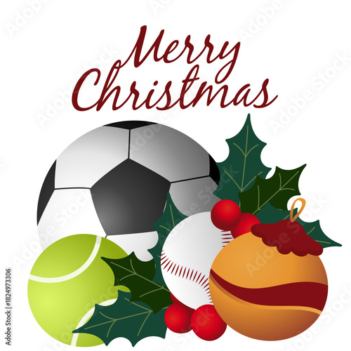 Christmas soccer, tennis, baseball  illustration featuring ball, holly, pine branches, bows, bells, and Merry Christmas lettering. Perfect for cards, labels, banners, and holiday sports designs