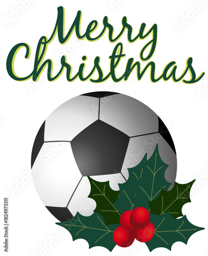 Christmas soccer illustration featuring ball, holly, pine branches, bows, bells, and Merry Christmas lettering. Perfect for cards, labels, banners, and holiday sports designs
