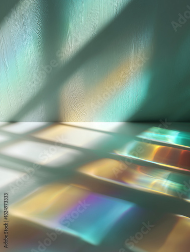 Light from a stained glass window forms an abstract grid in an empty space - mood board color pallete with natural bright sunlight creating orange and blue colors on the ground with light and shadow