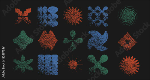 Brutalism Geometric figures set with stipple grain noise gradient texture. Y2k retro stippling forms collection. Vector gritty monochrome gradation illustration.