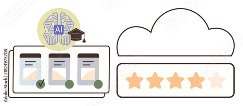 AI brain with graduation cap above student cards, checkmark, cloud, and 5-star rating bar. Ideal for online learning, AI technology, education, performance assessment, cloud storage academic