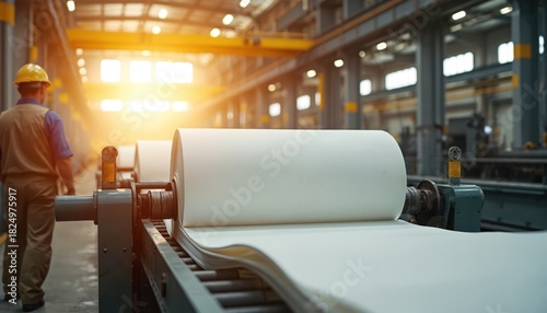Paper mill worker in hard hat observes huge white paper rolls on manufacturing line. Industrial facility creates paper products, automation and machinery involved in large scale production.