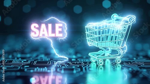 Glowing shopping cart concept on digital circuit for cyber monday sale event with sale text and lightning effect for online deals