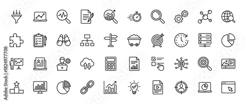 Business analysis and SEO line icon set. Vector pictograms of laptop, chart, target, gear, magnifier, document, funnel, and calculator, thin linear illustration.