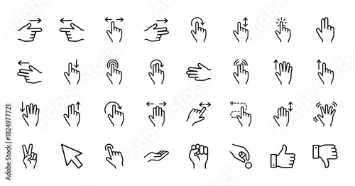 Touch gesture line icon set. Vector pictograms of hand tap, swipe, scroll, click, zoom, pinch, drag, thumbs up and navigation symbols, thin linear illustration.