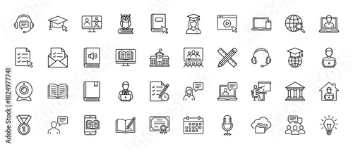 Education line icon set. Vector pictograms of graduation cap, online video lesson, student, and book, thin linear illustration.
