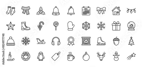 Christmas and winter holiday line icon set. Vector pictograms of snowflake, gift box, scarf, bell, reindeer, and gingerbread man, thin linear illustration.