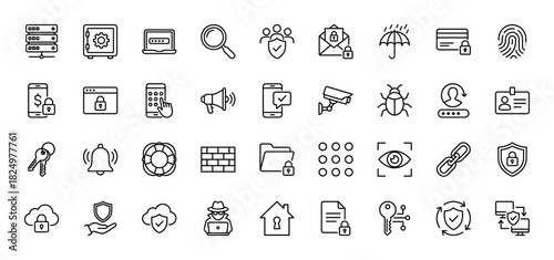 Security and cyber protection line icon set. Vector pictograms of safe, shield, lock, key, server, and privacy, thin linear illustration.