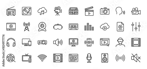 Multimedia and audio visual line icon set. Vector pictograms of video camera, headphones, television, and radio, thin linear illustration.