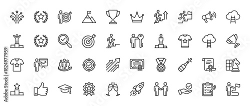 Success and achievement line icon set. Vector pictograms of trophies, crowns, medals, certificates, and goal targets, thin linear illustration.