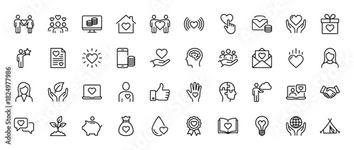 Charity and donation line icon set. Vector pictograms of heart, coins, handshake, piggy bank, and giving hands, thin linear illustration.