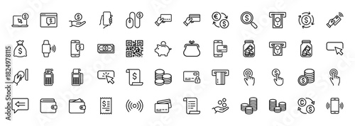 Finance and banking line icon set. Vector pictograms of money bag, credit card, atm, mobile payment, piggy bank, wallet, pos terminal, coins, thin linear illustration.