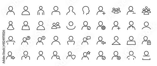 User account and profile line icon set. Vector pictograms of adding, removing, managing, and securing users, thin linear illustration.