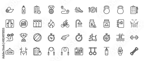 Fitness and gym line icon set. Vector pictograms of dumbbell, treadmill, skipping rope, weights, and diet plan, thin linear illustration.