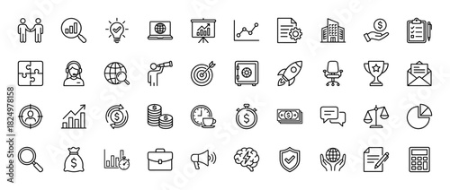 Business and finance line icon set. Vector pictograms of handshake, graph, money, target, and calculator, thin linear illustration.