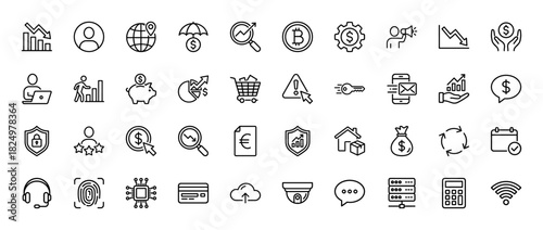 Finance and business line icon set. Vector pictograms of charts, shopping cart, bitcoin, security shield, and magnifying glass, thin linear illustration.