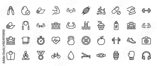 Fitness and gym line icon set. Vector pictograms of dumbbell, treadmill, skipping rope, boxing gloves, and muscle arm, thin linear illustration.