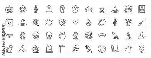 Halloween and spooky-themed line icon collection. Vector pictograms of pumpkin, ghost, skull, vampire, witch, bat, and scythe, minimal thin linear illustration.