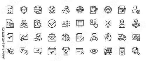 Quality assurance and verification line icon set. Vector pictograms of checklist, approved handshake, shield, and calendar, thin linear illustration.