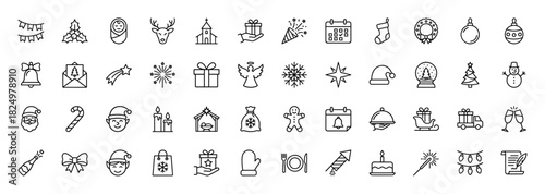 Christmas and new year outline icon set. vector pictograms of gift, reindeer, santa, elf, star, and ornament, thin linear illustration.