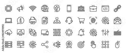 Technology and it icon set. Vector pictograms of networking, coding, data, mobile devices, and business equipment, thin linear illustration.