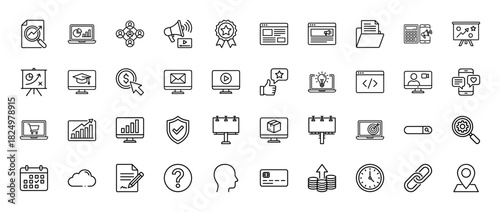 Digital marketing and business line icon set. Vector pictograms of research, analytics, finance, and e-commerce, thin linear illustration.