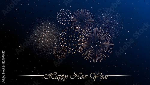 Firework show on blue night sky background. New year concept. Congratulations or invitation card background. Vector illustration