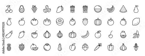 Nutrition line icon set. Vector pictograms of mango, banana, apple, tomato, and pumpkin, thin linear illustration.