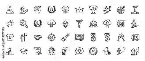 Success and achievement line icon set. Vector pictograms of trophies, medals, crowns, goals, and graduation, thin linear illustration.