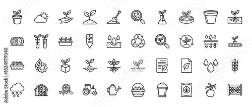 Agriculture line icon set. Vector pictograms of seedling, shovel, tractor, wheat, harvest, and fertilizer, thin linear illustration.