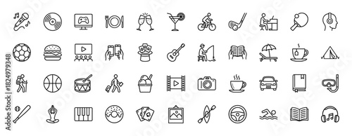 Leisure and hobby line icon set. Vector pictograms of cycling, music, food, sports, and travel, thin linear illustration.