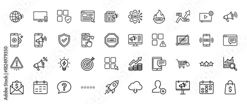 Digital marketing line icon set. Vector pictograms of megaphone, chart, target, calendar, and money, thin linear illustration.