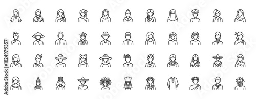 People and national dress line icon set. Vector pictograms of diverse global cultures and traditional clothing, thin linear illustration.