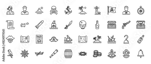 Pirate line icon set. Vector pictograms of anchor, ship, skull, treasure chest, map, cannon, captain, parrot, sword, and helm, thin linear illustration.