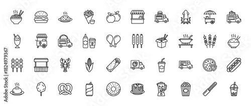 Street food and food truck outline icon set. Vector pictograms of hamburger, taco, donut, pizza, corn, and lobster, thin linear illustration.