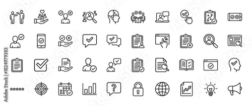 Business and management line icon set. vector pictograms of strategy, user validation, checklist, and communication, thin linear illustration.