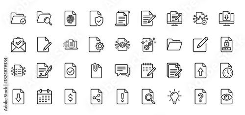 Document management and data protection line icon set. Vector pictograms of file security, edit, download, and review, thin linear illustration.