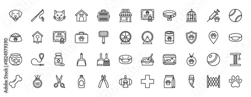 Pet shop line icon set. Vector pictograms of dog, cat, vet, food, carrier, and toys, thin linear illustration.