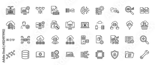 Big data and technology line icon set. Vector pictograms of analytics, cloud, artificial intelligence, server, database, processor, network, thin linear illustration.