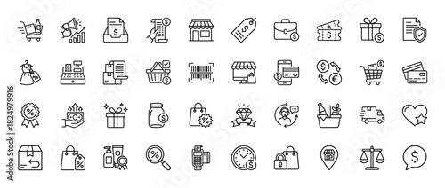 E-commerce and shopping line icon set. vector pictograms of cart, delivery, credit card, price tag, and receipt, thin linear illustration.