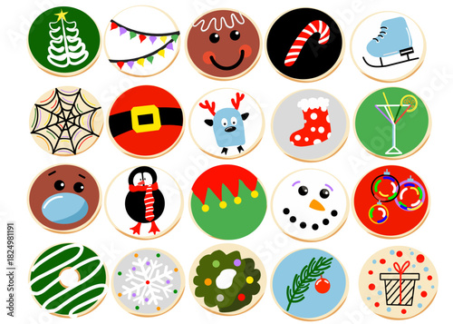set of easter eggs,A large vector set of twenty round Christmas cookies decorated with various holiday and winter-themed elements, including a gingerbread man face, Santa belt, elf hat, reindeer, snow