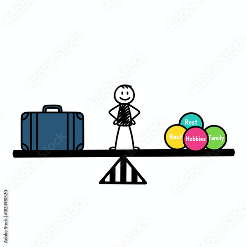 Balance, Not Burnout. Stick figure balancing suitcase and colorful hobbies symbol balls  
