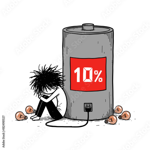 Burnout. Cartoon character sitting beside low battery symbol feeling drained  