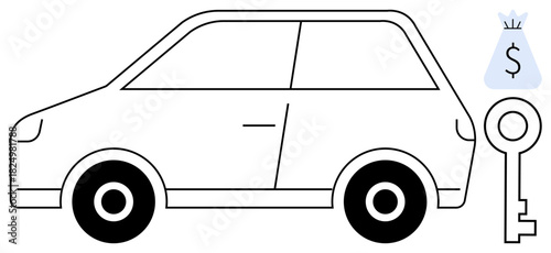 Car outline with a key and money bag icon depicting vehicle ownership, leasing, financing, rentals, car loans, transportation, sharing economy, and buying decisions. Ideal for mobility automotive