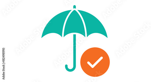 A teal umbrella icon paired with an orange circle containing a white checkmark